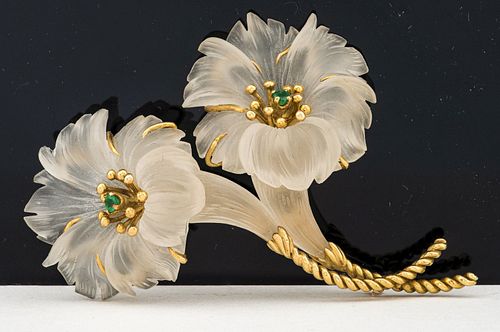 18K Gold Rock Crystal & Emerald Floral Brooch