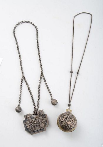 TWO ASIAN SILVERED METAL CHAIN NECKLACES