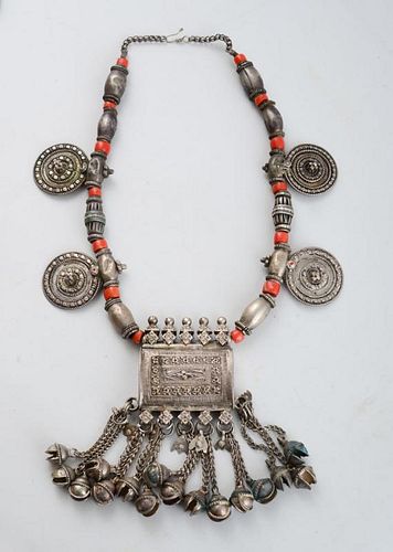 NEAR EASTERN CORAL-MOUNTED SILVERED METAL NECKLACE