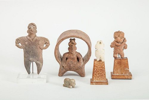 THREE PRE-COLUMBIAN POTTERY FIGURES AND TWO CARVED STONE FIGURES