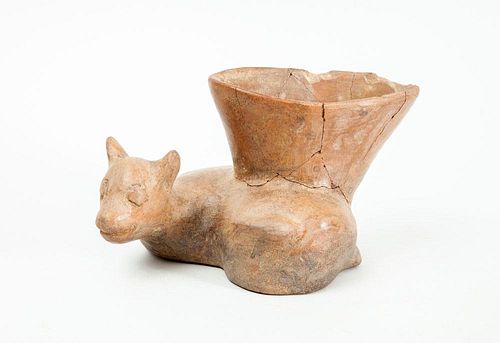 COLIMA RED-BROWN POTTERY RECLINING DOG VESSEL