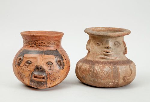 COSTA RICAN POLYCHROME POTTERY ANTHROPOMORPHIC VESSEL AND A COSTA RICAN POTTERY HEAD VESSEL