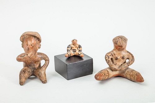 NAYARIT POTTERY SEATED FIGURE AND TWO COSTA RICAN PAINTED POTTERY FEMALE FIGURES