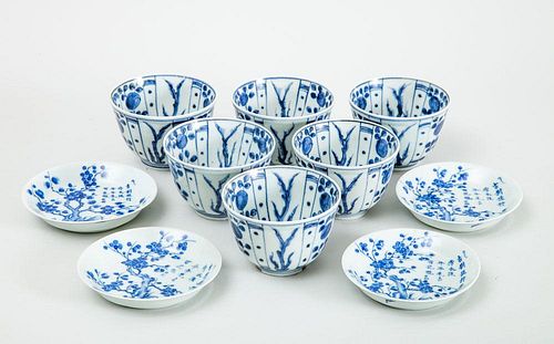 SET OF SIX BLUE AND WHITE PORCELAIN CUPS AND FOUR BLUE AND WHITE DISHES