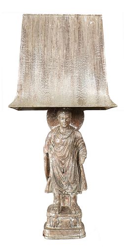 James Mont Asian Modern Carved Oak Buddha Lamp