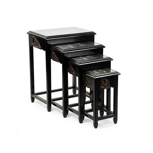 Set of 4 Antique Chinese Ebonized Carved Nesting Tables