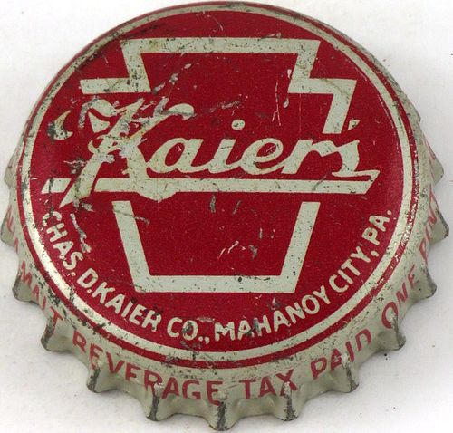 1955 Kaier's Beer ~PA Tax Cork Backed crown Mahanoy City, Pennsylvania