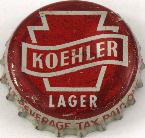 1955 Koehler Lager Beer ~PA Pint Tax Cork Backed crown Erie, Pennsylvania