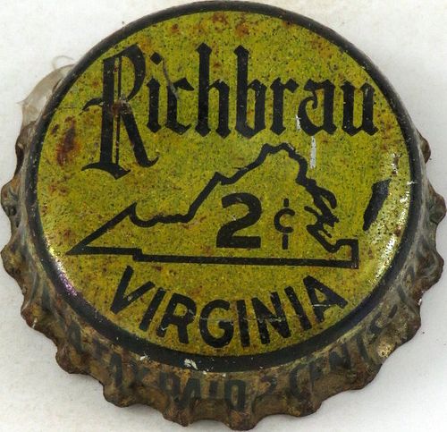 1953 Richbrau Beer ~VA tax Cork Backed crown Richmond, Virginia