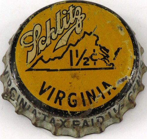 1940 Schlitz Beer ~VA 1½¢ Tax Cork Backed crown Milwaukee, Wisconsin
