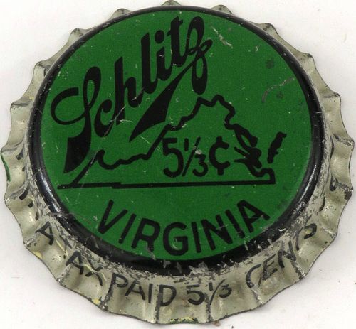 1950 Schlitz Beer ~VA 5 1/3¢ Tax Cork Backed crown Milwaukee, Wisconsin