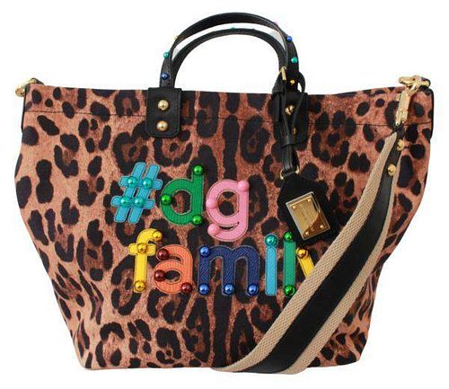 Brown Leopard #dgfamily Patch Studs Shopping Tote Bag