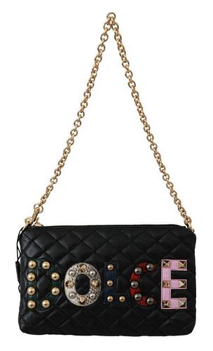 Black Leather Quilted Studded Borse Clutch Purse