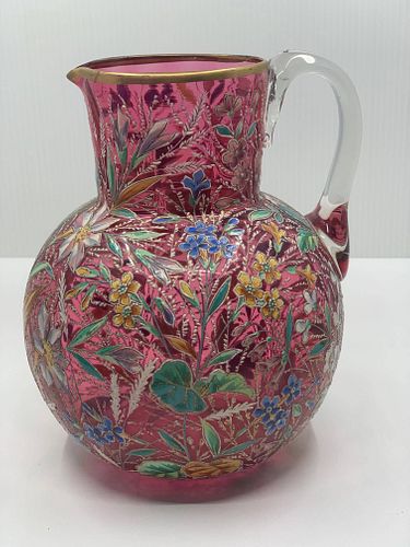 Large Moser jug with raised enameled work