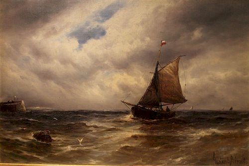 Gustave de Breanski (British 1856-1898)  Fishing Boat off the Harbor Wall