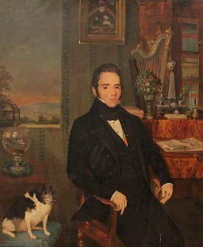 Leopold Fertbauer (Austrian 1802-1875)  Portrait of a Gentleman and his Dog in his Study