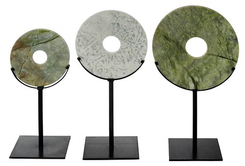Group of Three Carved Hardstone or Jade Bi Discs