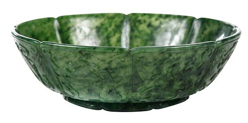 Chinese Spinach Green Jade or Hardstone 'Lotus' Bowl