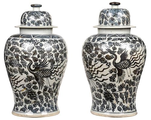 Pair of Large Chinese Blue and White Temple Jars