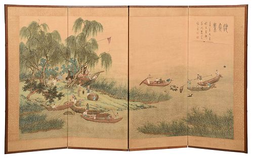 Chinese Wood and Painted Silk Four Panel Room Screen