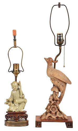 Two Carved Wood and Hardstone Figures Mounted as Lamps
