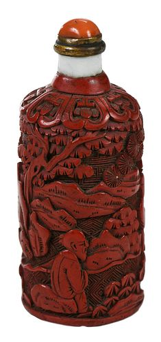 Chinese Cinnabar Lacquered Porcelain Snuff Bottle