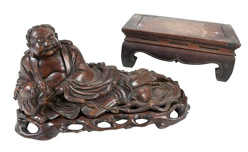 Chinese Carved Wood Buddha Figure and Carved Wood Stand