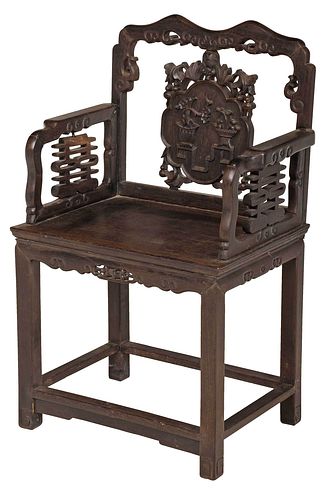Chinese Carved Zitan Wood Open Armchair
