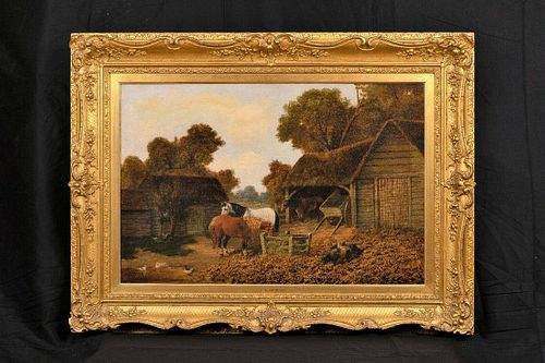 Farm Horses Pigs Chickens Oil Painting