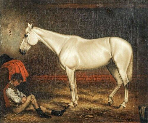 Portrait White Arabian Horse In Stable & Groom Oil