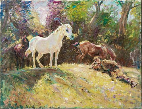 Groom & Horses Resting In Summer Oil Painting