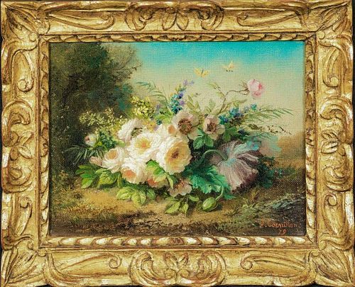 Still Life Of Flowers & Butterflies Oil Painting