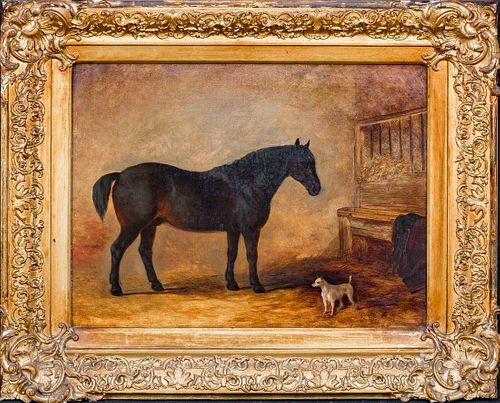Hunter Horse & Terrier Dog In A Loose Box Oil Painting