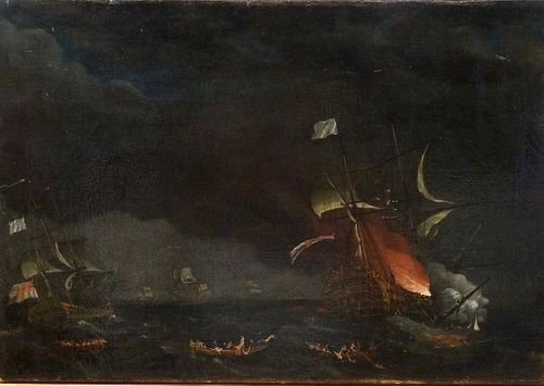British Royal Navy Prince George Bay Of Biscay 1758 Oil