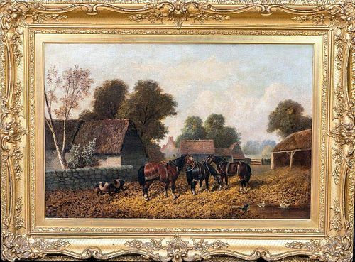Farm Horses Pigs Chickens Oil Painting