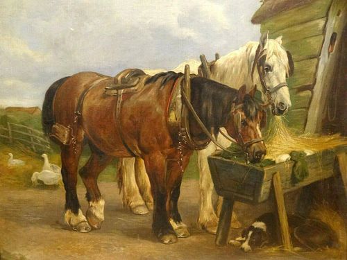 Shire Plough Horses Feeding Oil Painting