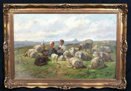 Boys Playing Cards Among The Sheep Oil Painting