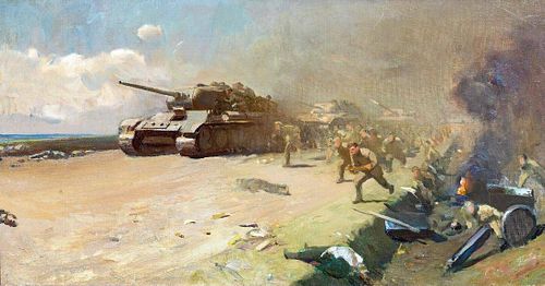 WWII Russian T-34 Tanks & Infantry Battle Scene Oil