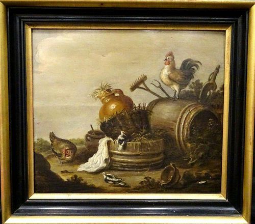 Farm Chicken Hens & Birds Scene Oil Painting