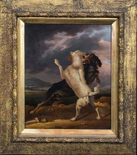 Dogs Fighting Landscape Oil Painting