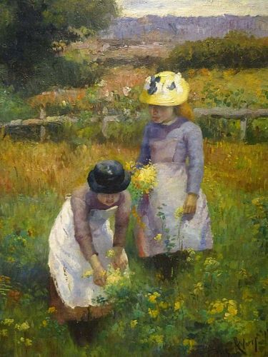 Daughters Picking Flowers Oil Painting
