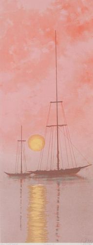 Richard Florsheim (American 1916-1979) Silhouette. Pink sailboats in sunset