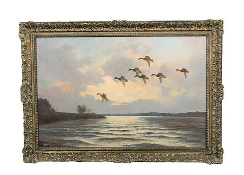Mallards Ducks Flying At Sunset Oil Painting