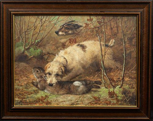 Terrier Hound & Rabbit Hunt Oil Painting