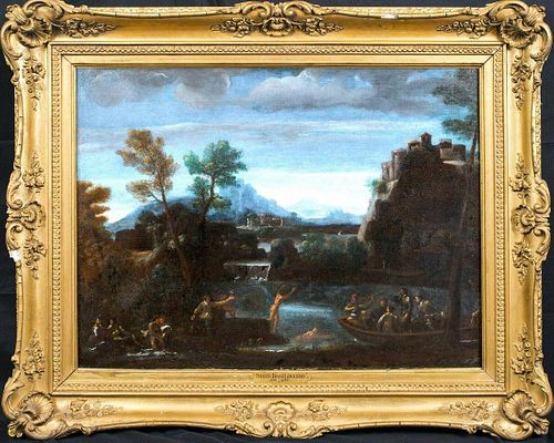 Bolognese School Bathers Landscape Oil Painting