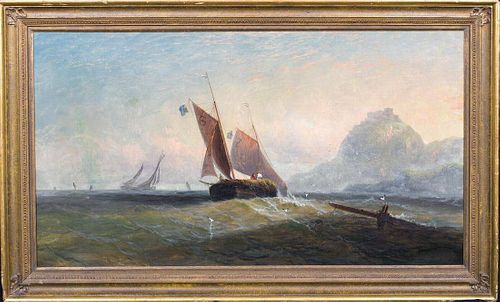 Ship Sailing Hay Barge Off The Coast Oil Painting