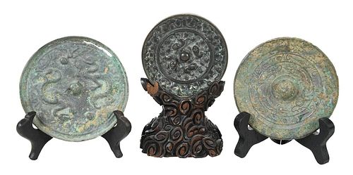 Three Asian Bronze Hand Mirrors with Stands