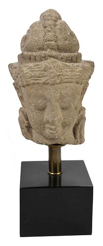 Southeast Asian Carved Sandstone Head on Stand