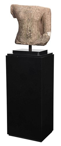 Southeast Asian Carved Grey Stone Torso on Pedestal