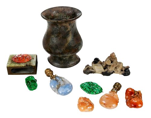 Nine Chinese Carved Stone and Bronze Decorative Objects